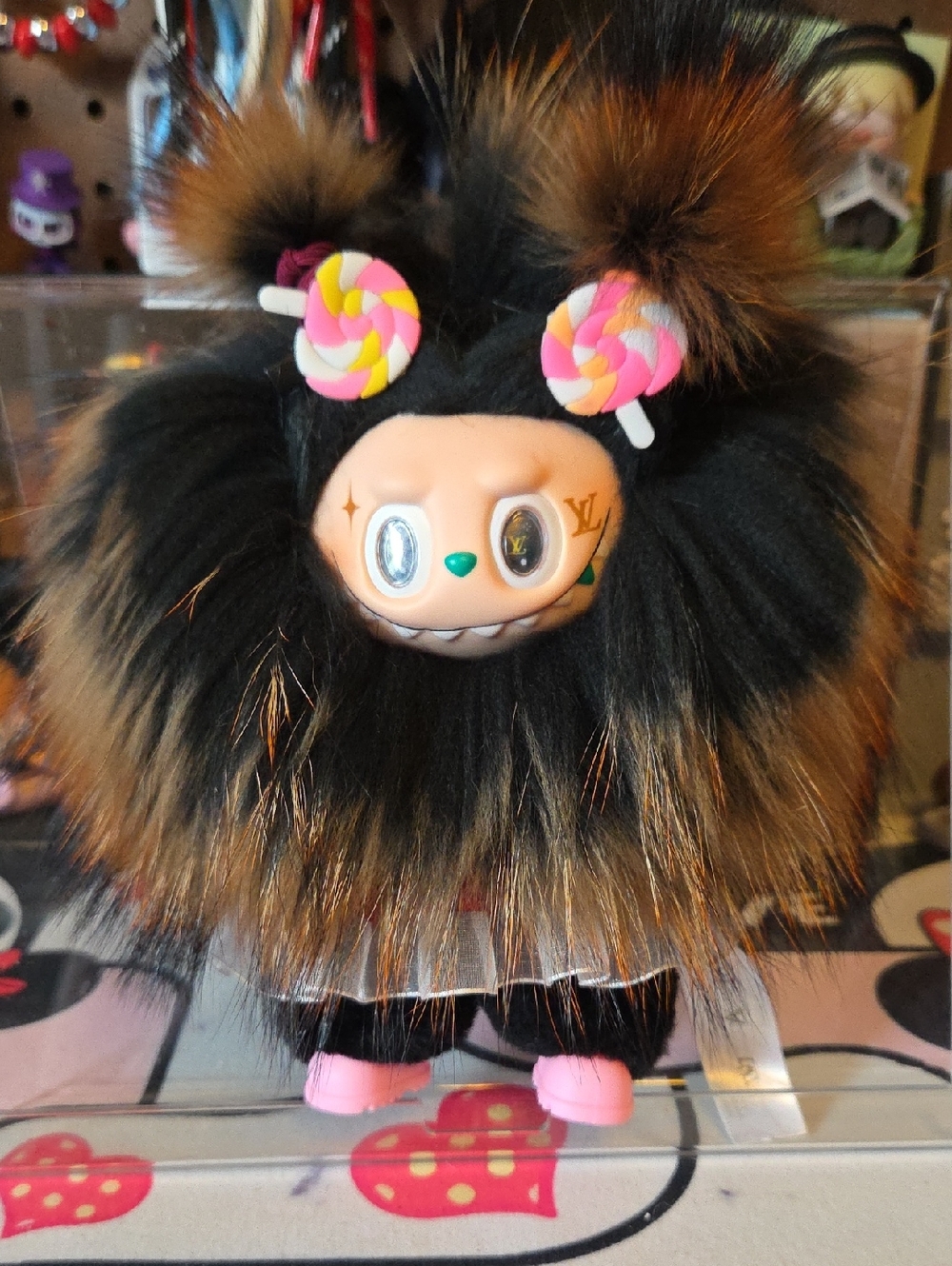 Custom MADE Labu. Furry Black & Brown Plush Figure with Candy Accents Keychain